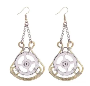 Steampunk gear drop earrings with dual-tone metal dual-tone finish, featuring intricate gear pendants on delicate chain drops - front view on white background