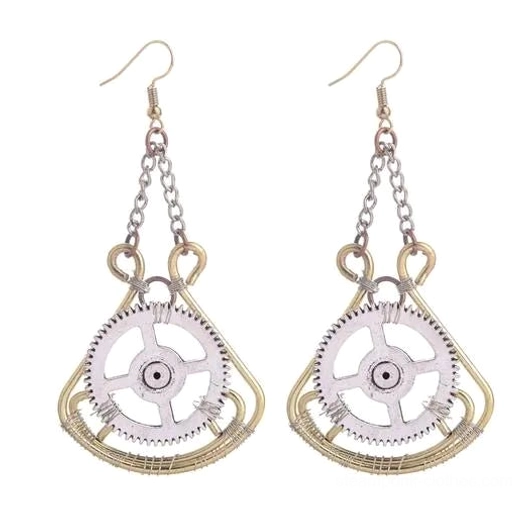 Steampunk gear drop earrings with dual-tone metal dual-tone finish, featuring intricate gear pendants on delicate chain drops - front view on white background