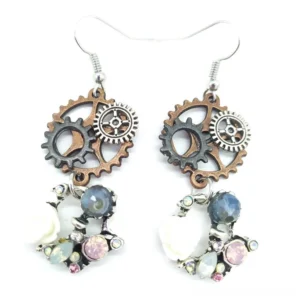 Steampunk gear drop earrings with vintage metal gears, hand-crafted resin roses, and colored gemstones - front flat view