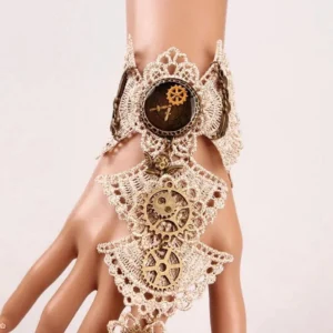 steampunk lace wrist cuff gloves with stacked mechanical gears and vintage clock emblem, front three-quarter view