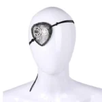 Steampunk gear and spike heart eye patch front view on white mannequin head, featuring silver metal gears, decorative spikes, and black chain trim
