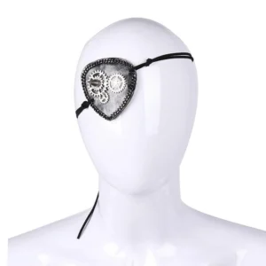Steampunk gear and spike heart eye patch front view on white mannequin head, featuring silver metal gears, decorative spikes, and black chain trim