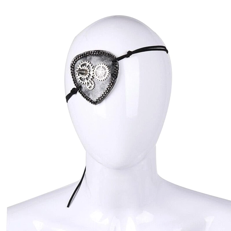 Steampunk gear and spike heart eye patch front view on white mannequin head, featuring silver metal gears, decorative spikes, and black chain trim