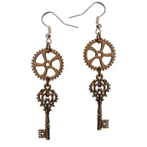 Steampunk gear and vintage skeleton key drop earrings with retro bronze finish and hollow carved design on silver ear hooks, displayed against white background