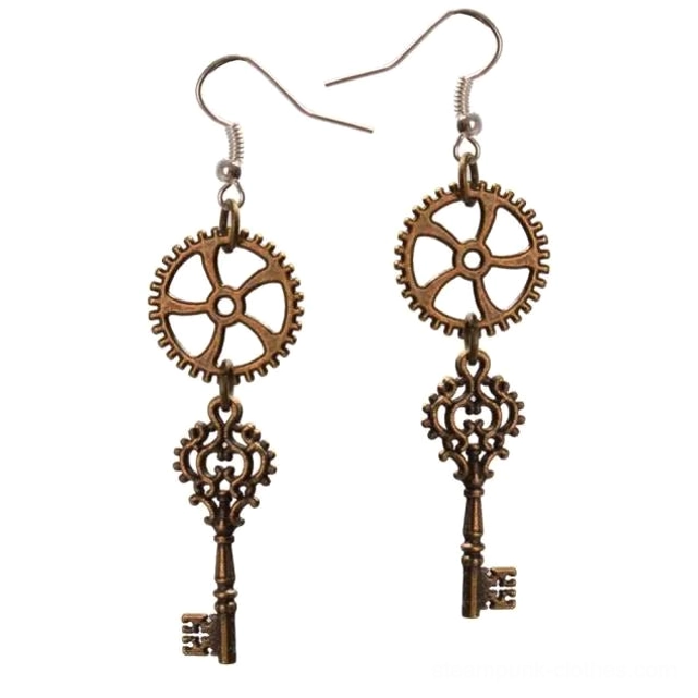 Steampunk gear and vintage skeleton key drop earrings with retro bronze finish and hollow carved design on silver ear hooks, displayed against white background