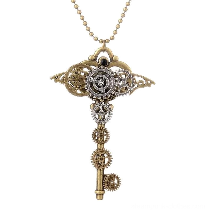 Front flat lay of steampunk gear key pendant necklace in unified vintage bronze tone with hollow gear design and ball bead chain against white background
