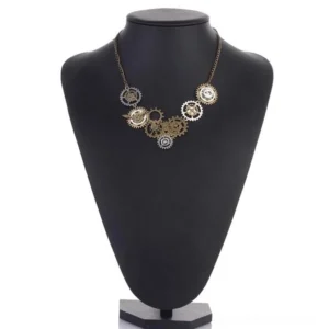Steampunk gear choker pendant on black mannequin display, front view, featuring compact cluster of mixed metal gears with stainless steel chain, statement jewelry piece