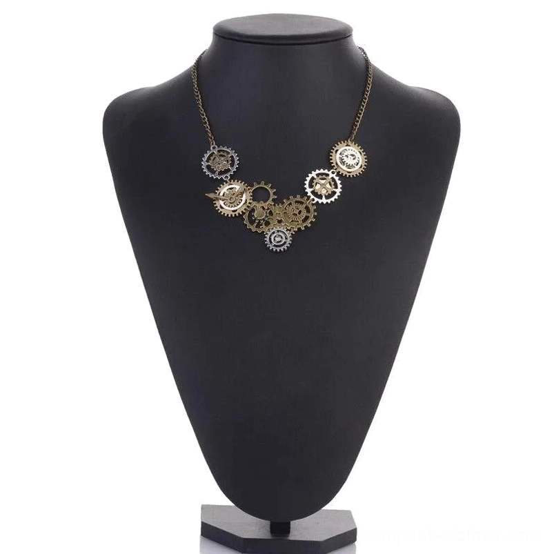 Steampunk gear choker pendant on black mannequin display, front view, featuring compact cluster of mixed metal gears with stainless steel chain, statement jewelry piece