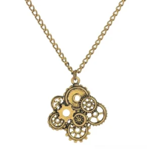 Close-up studio view of steampunk multi-gear pendant necklace with antique bronze finish and linked metal chain on white background