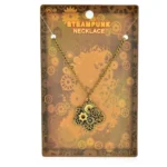 Antique bronze steampunk gear necklace with interlocked metal cogs on branded retail packaging card, front flat view showcase
