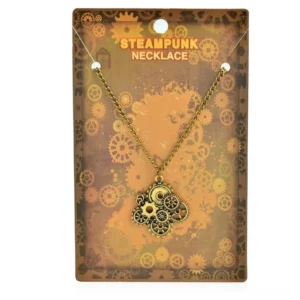 Antique bronze steampunk gear necklace with interlocked metal cogs on branded retail packaging card, front flat view showcase