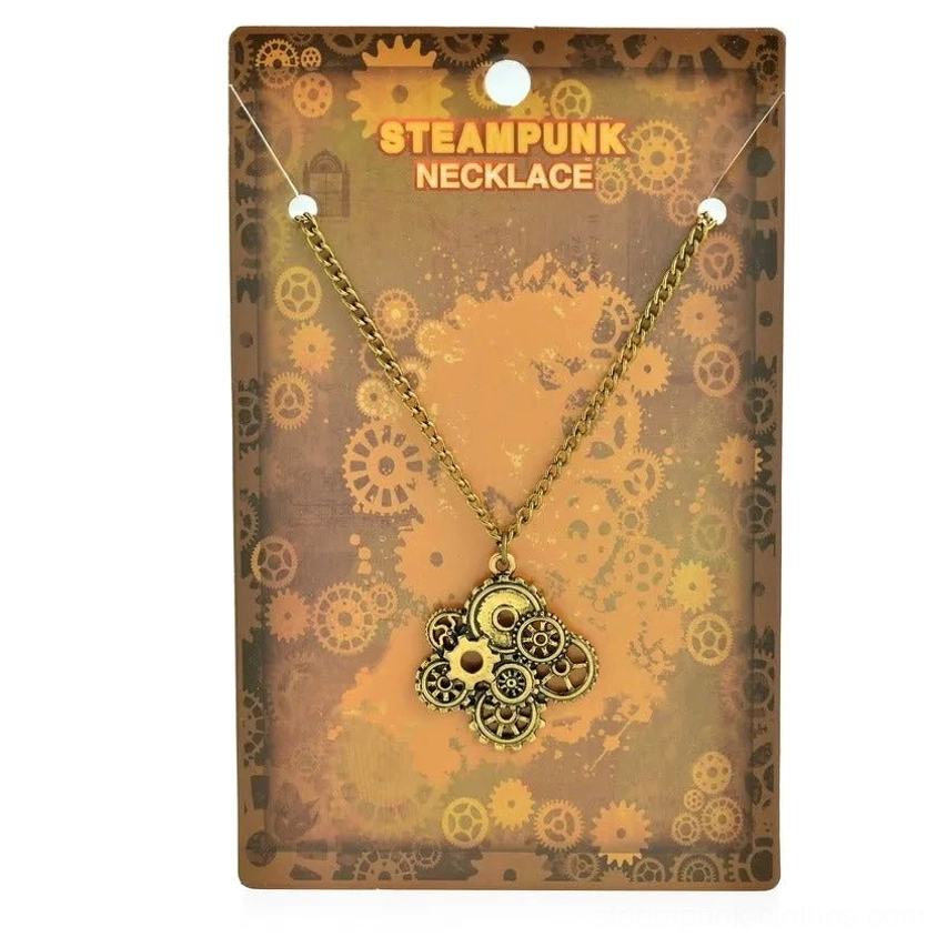 Antique bronze steampunk gear necklace with interlocked metal cogs on branded retail packaging card, front flat view showcase