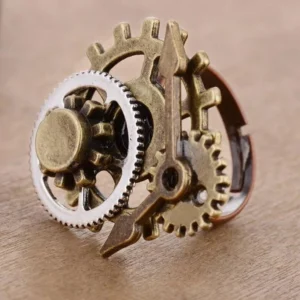 Close-up detailed view of overlapping mechanical gears on steampunk ring showing dual-tone metal finish
