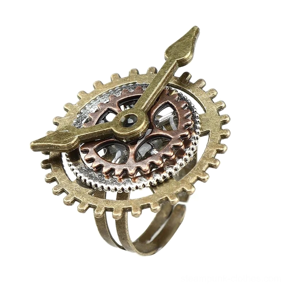 Steampunk gear clock ring front close-up featuring interlocking multi-layer gears and adjustable metal ring band on white background