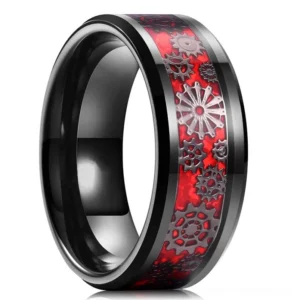Industrial steampunk gear ring men's accessory frontal display view showing polished black metal frame with red inlaid mechanical gear pattern details, authentic Victorian-inspired design