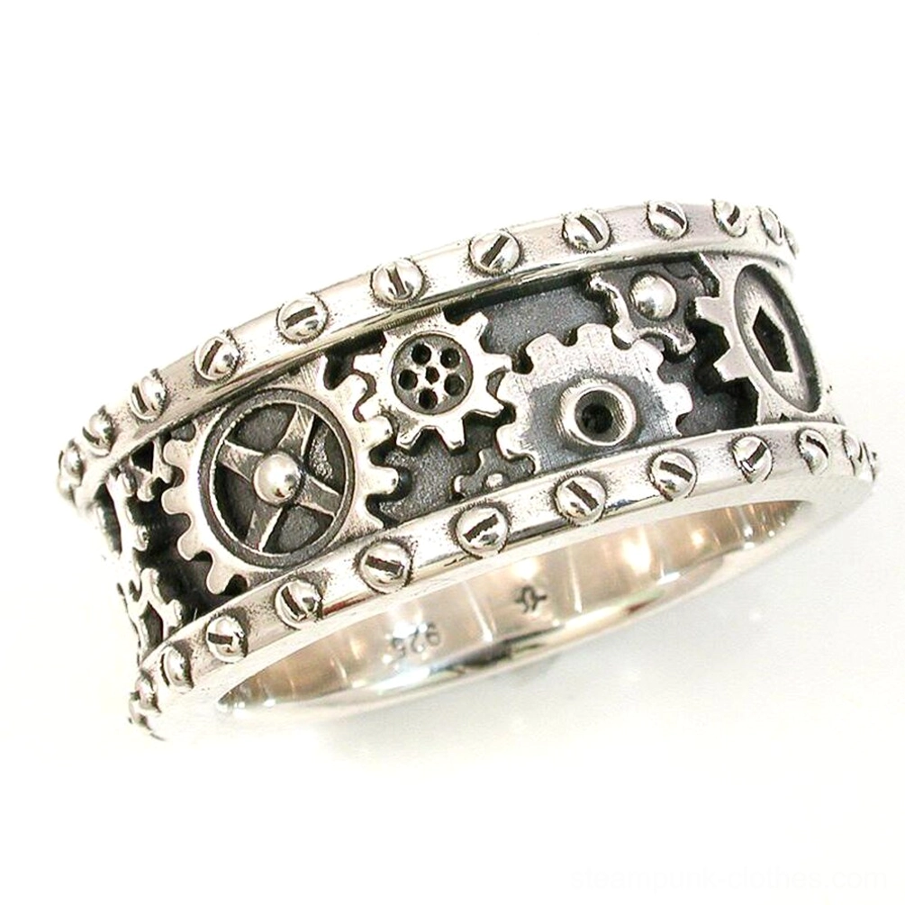 Steampunk gear spinner ring side oblique angle showcasing multi-layer gear design, polished silver finish, 925 stamped inner band, and rivet-decorated rim on white background