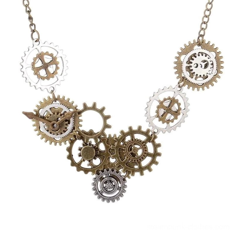 Steampunk gear statement necklace flat lay, symmetric chain design with clock hand gear detail, mixed bronze and silver metal tones, industrial aesthetic jewelry
