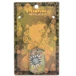Steampunk gear sunflower dog tag pendant necklace with vintage mixed metal finish and antique bronze base displayed in retail packaging with bead chain