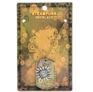 Steampunk gear sunflower dog tag pendant necklace with vintage mixed metal finish and antique bronze base displayed in retail packaging with bead chain