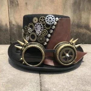 Steampunk gear top hat with spiked goggles front three-quarter view, black felt with bronze gears and leather patch