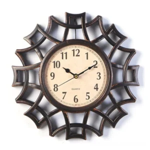 Dark brown bronze steampunk geometric wall clock front view with aged off-white dial and intricate web lattice frame design on white studio background