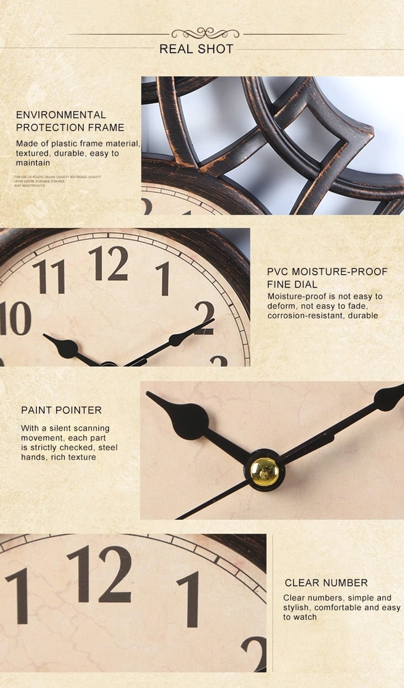 Steampunk geometric wall clock product specification sheet with detailed component close-ups and feature descriptions including quartz movement specifications