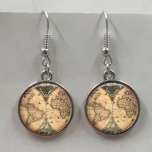 Steampunk globe drop earrings featuring antique world map design in glass domes with silver-toned zinc alloy hardware, close-up product shot