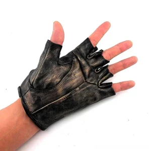 Single steampunk fingerless glove worn on human left hand, front view showing exposed fingertips, padded palm, and worn metal-like bronze finish