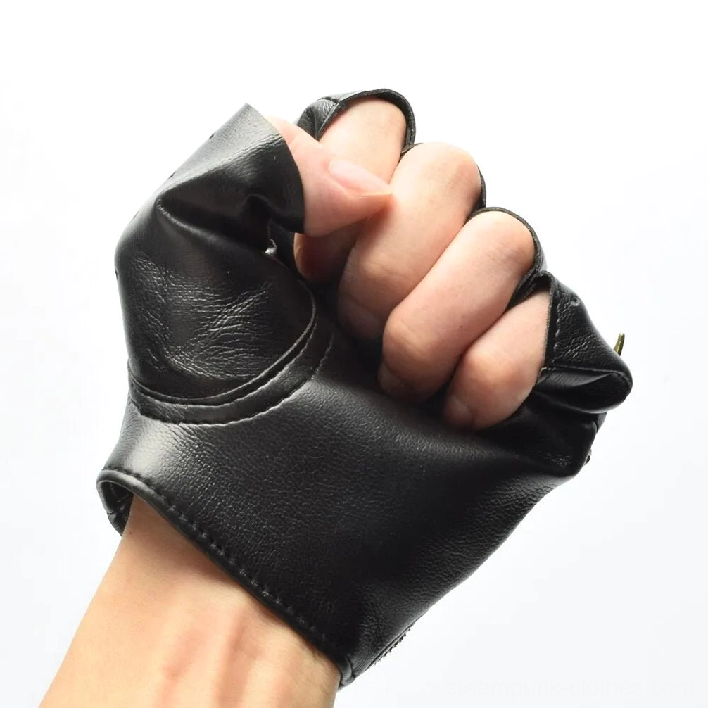 Back close-up view of black fingerless steampunk leather gloves on clenched male fist, smooth PU leather design with adjustable velcro strap