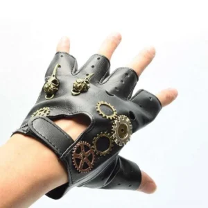 Steampunk fingerless gloves on human hand showing vintage brass gear ornaments and black leather