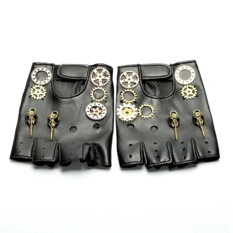Pair of black steampunk fingerless gloves with multiple brass gears and key pendants flat lay