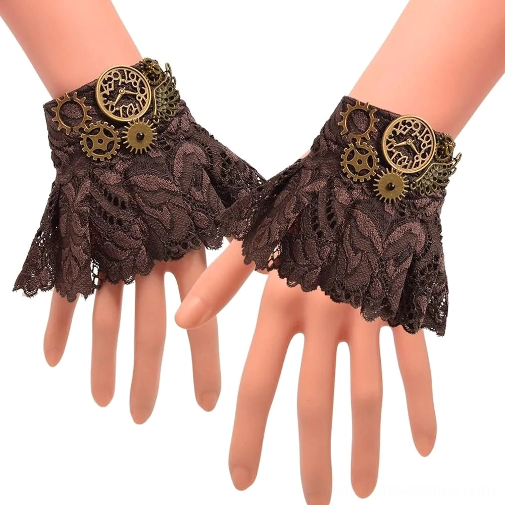 Steampunk fingerless gloves with deep brown floral lace, flared cuff, and vintage brass gear and clock charms on mannequin hands