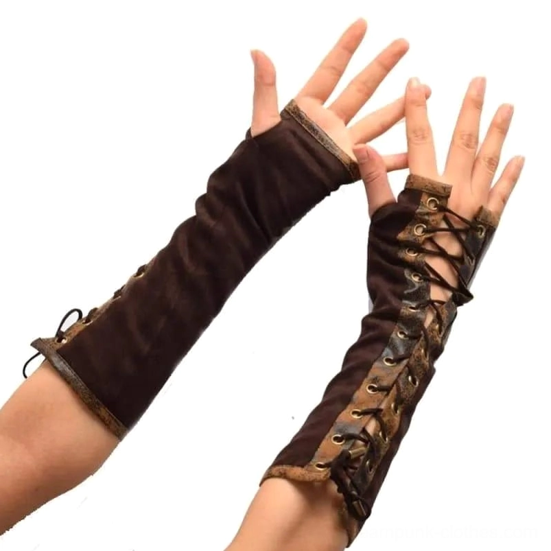Pair of brown steampunk fingerless arm gloves with matching lace-up design and vintage brown accents displayed on two hands