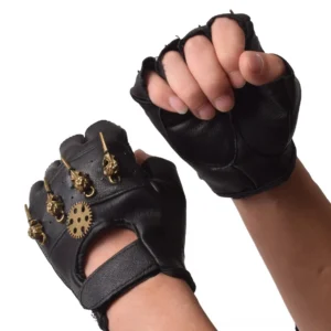Close-up side view of black fingerless steampunk leather gloves worn on clenched male fists, showing metal gear and skull accents