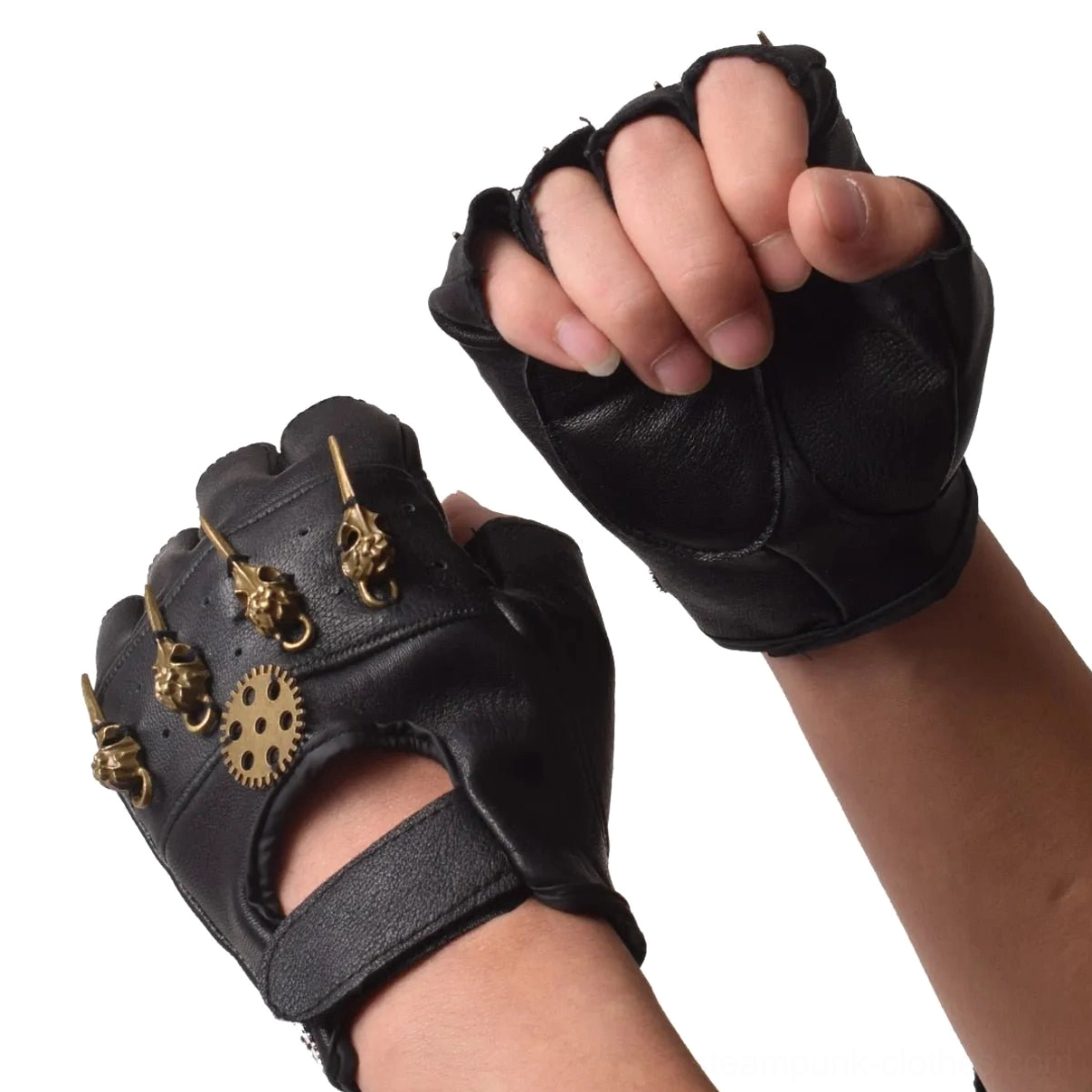Close-up side view of black fingerless steampunk leather gloves worn on clenched male fists, showing metal gear and skull accents
