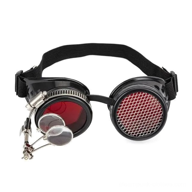 Steampunk goggles black frame red mesh lens with foldable magnifier detail