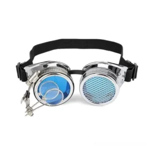 Steampunk goggles blue lens variant with polished silver frame and adjustable elastic strap