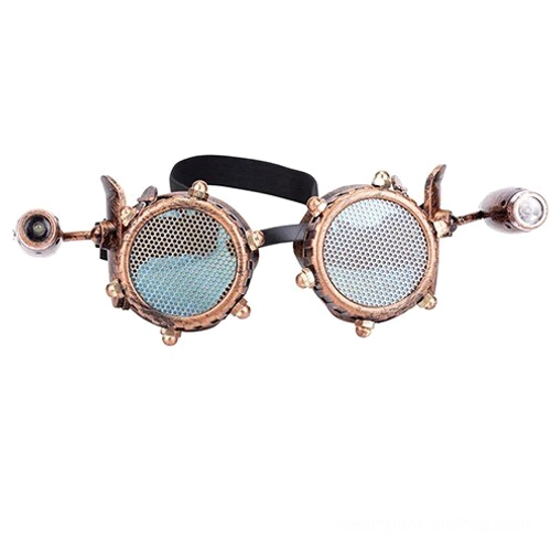 Flat lay top-down view of brass steampunk goggles displaying blue-tinted mesh lenses, dual LED attachments, and complete frame structure with copper finish