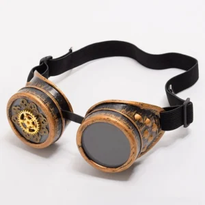 Victorian steampunk goggles with brass gear accents, bronze frame, and dark tinted lenses - front angled view