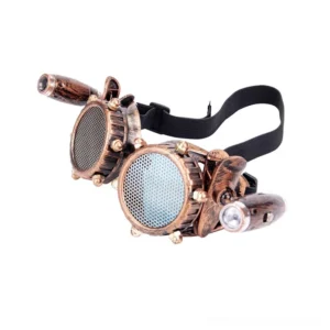 Steampunk brass goggles three-quarter angle showing riveted details, adjustable black elastic strap, and side-mounted LED light fixtures with antique copper patina