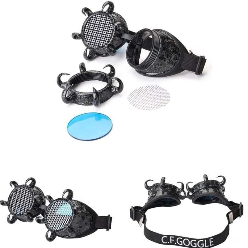 Steampunk goggle accessory set flat lay showing detachable frame parts, replacement mesh filters, blue tinted lens, and black elastic headband with C.F.GOGGLE branding