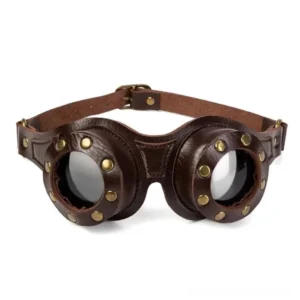 Dark brown steampunk goggles front view with dark tinted glass lenses and brass hardware