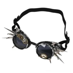 Distressed steampunk gothic goggles with aged brass frame, sharp silver spikes, and intricate gear decorations, front-on view on white background