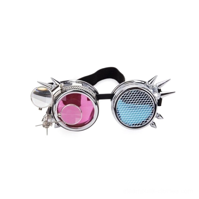 Steampunk goggles front flat view displaying dual-color lenses in pink and blue, spike trim detailing, compact magnifier side lens