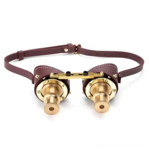 Steampunk binocular goggles front flat view showing symmetrical brass lens barrels and adjustable leather headband