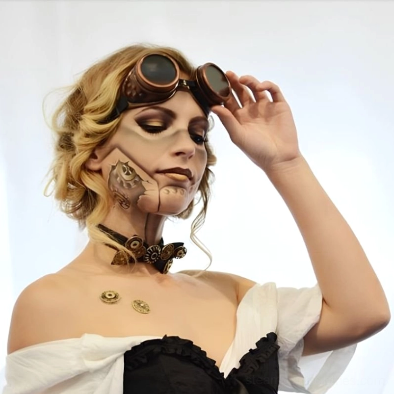Blonde model wearing antique gold steampunk goggles with off-shoulder vintage outfit indoors