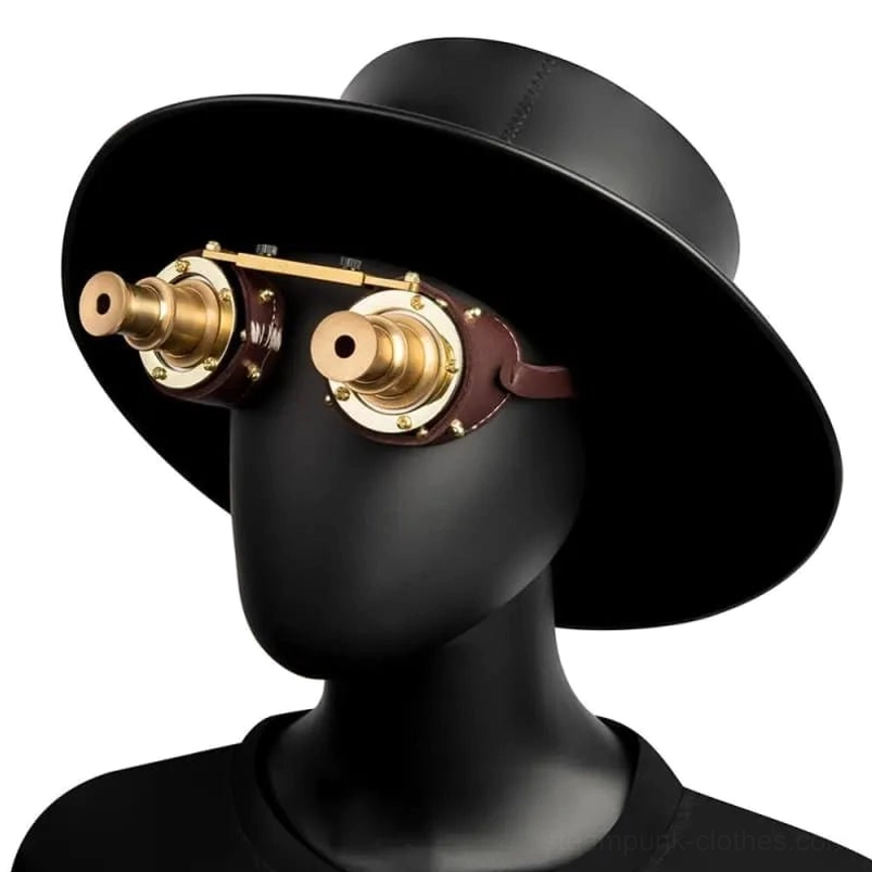 Steampunk goggles and wide-brimmed hat styling angle showing brass barrel positioning and leather integration