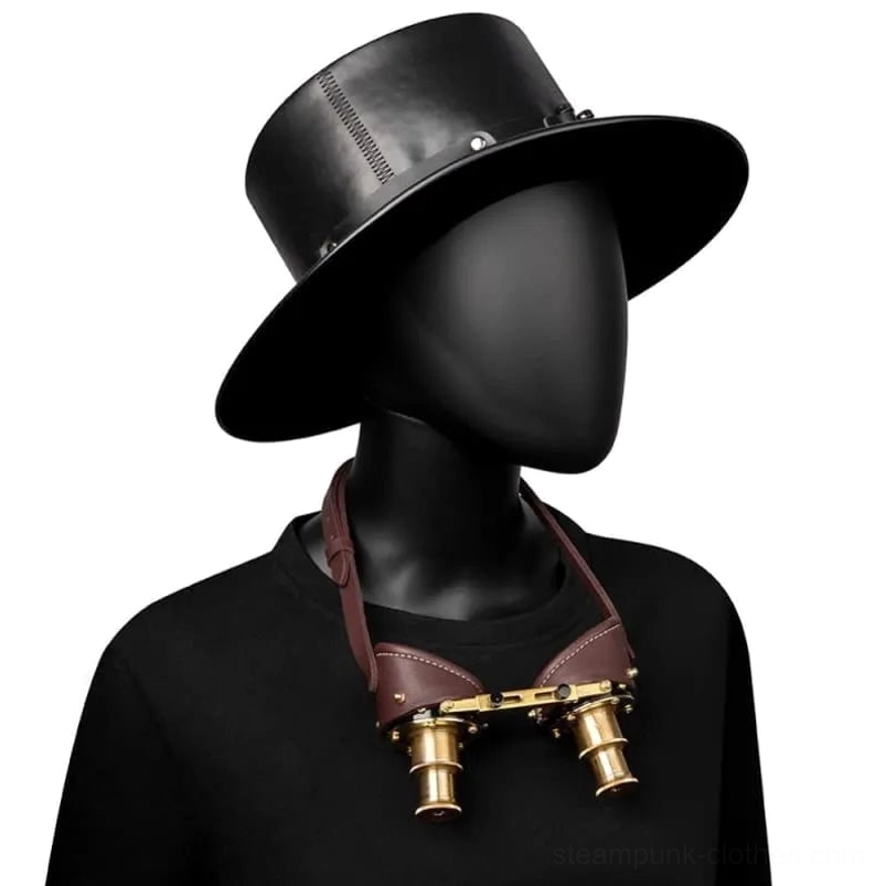 Steampunk goggles worn as neck accessory with black formal top hat alternative styling