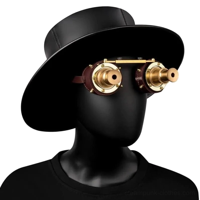Steampunk binocular goggles worn mounted on wide-brimmed top hat with formal styling presentation