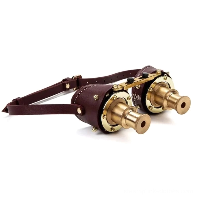 Steampunk brass goggles right three-quarter angle with outward-facing barrel design and brown leather housing